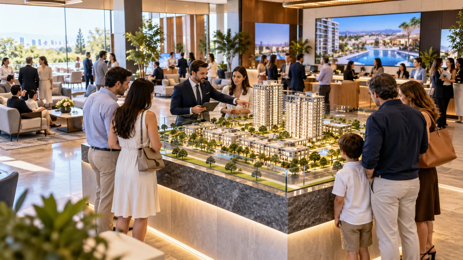 Ilustração conceitual editorial sobre maquetes em lançamentos imobiliários